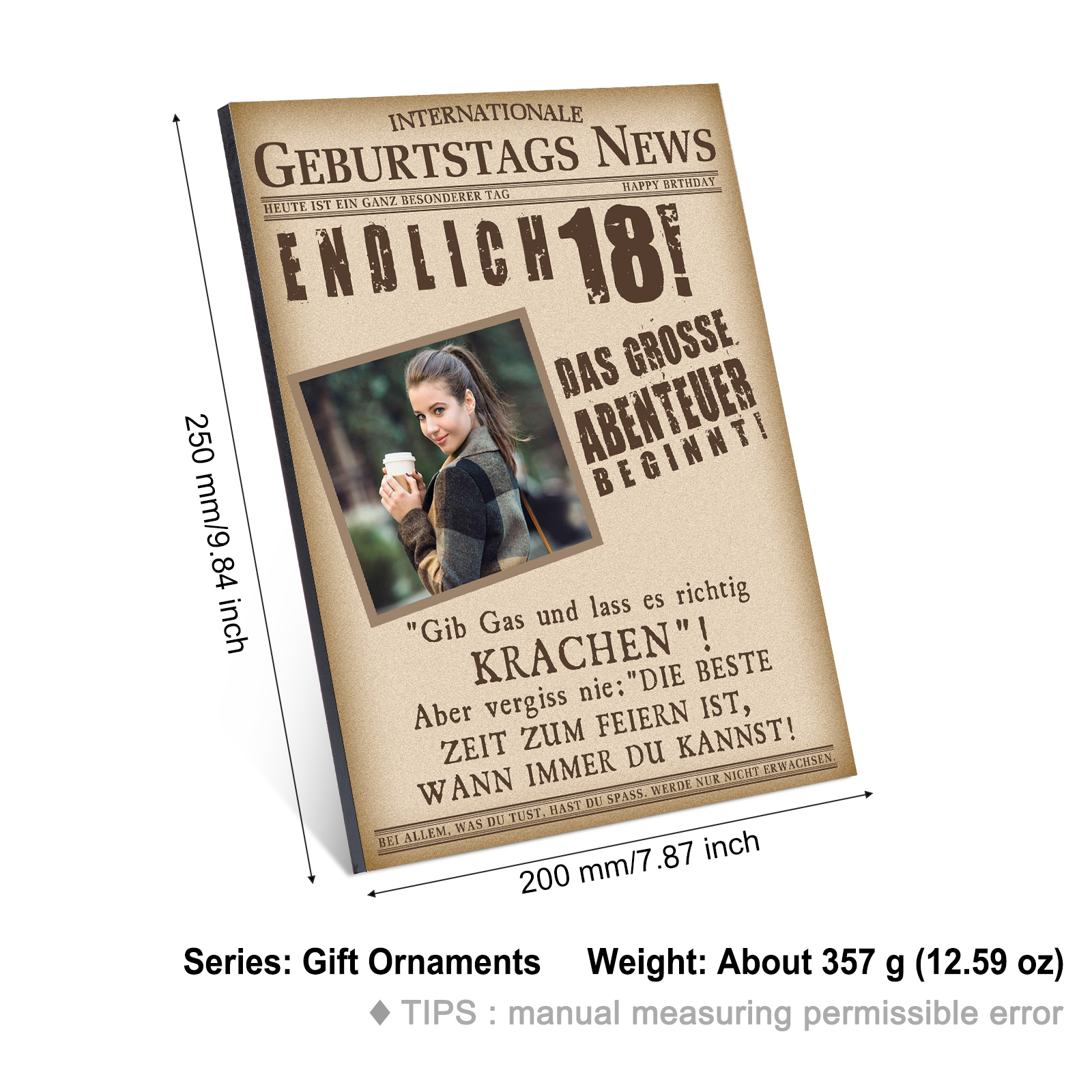 Geburtstags News Holzbild-Personalisierter Foto & Alter-Das große Abenteuer beginnt-18. Geburtstag Holzdekoration