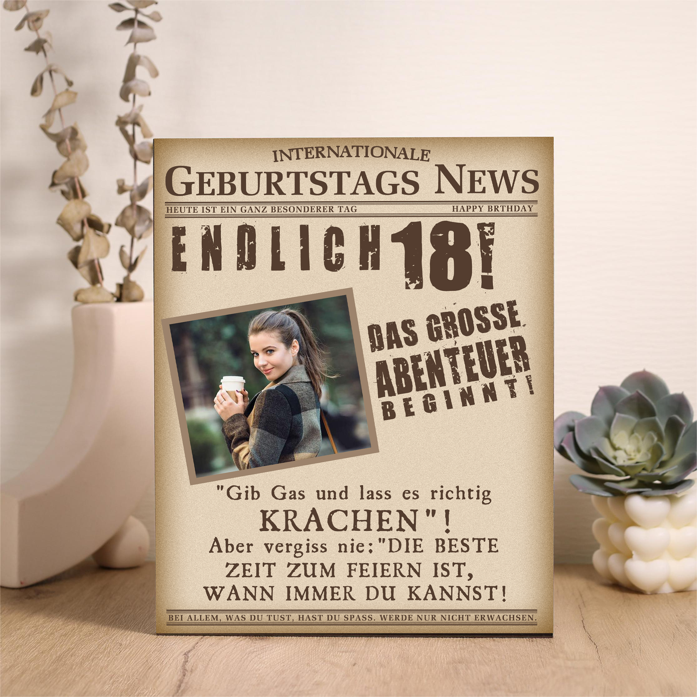 Geburtstags News Holzbild-Personalisierter Foto & Alter-Das große Abenteuer beginnt-18. Geburtstag Holzdekoration