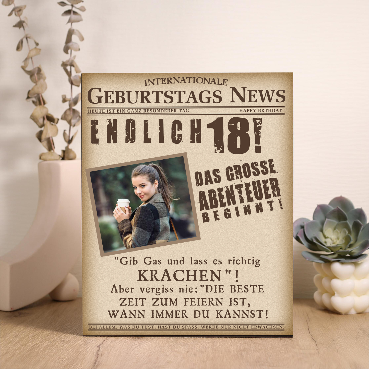 Geburtstags News Holzbild-Personalisierter Foto & Alter-Das große Abenteuer beginnt-18. Geburtstag Holzdekoration
