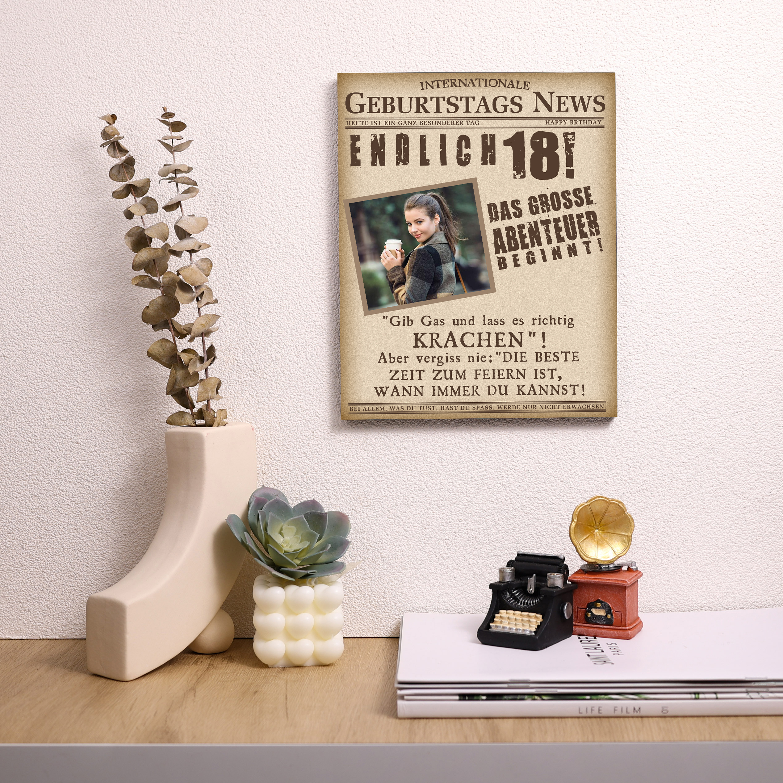 Geburtstags News Holzbild-Personalisierter Foto & Alter-Das große Abenteuer beginnt-18. Geburtstag Holzdekoration