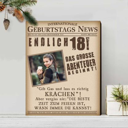 Geburtstags News Holzbild-Personalisierter Foto & Alter-Das große Abenteuer beginnt-18. Geburtstag Holzdekoration