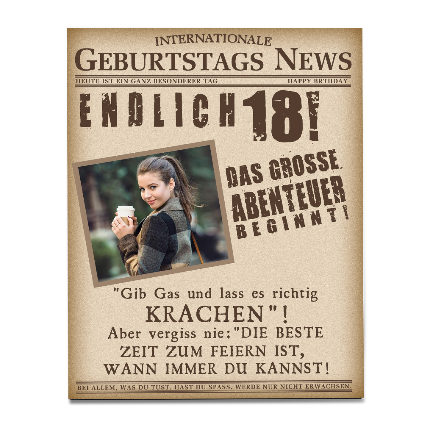 Geburtstags News Holzbild-Personalisierter Foto & Alter-Das große Abenteuer beginnt-18. Geburtstag Holzdekoration