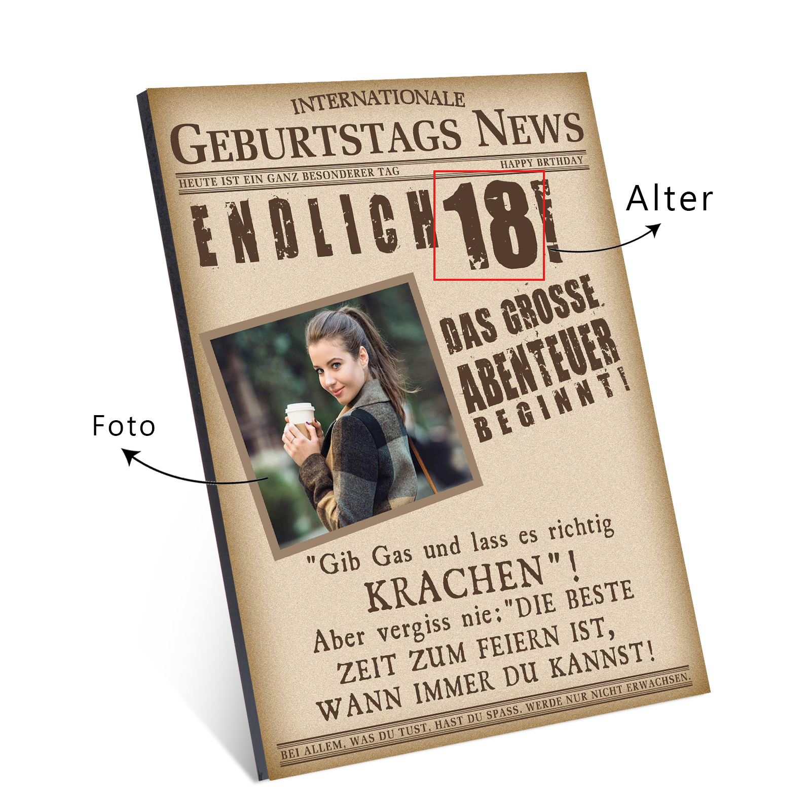 Geburtstags News Holzbild-Personalisierter Foto & Alter-Das große Abenteuer beginnt-18. Geburtstag Holzdekoration