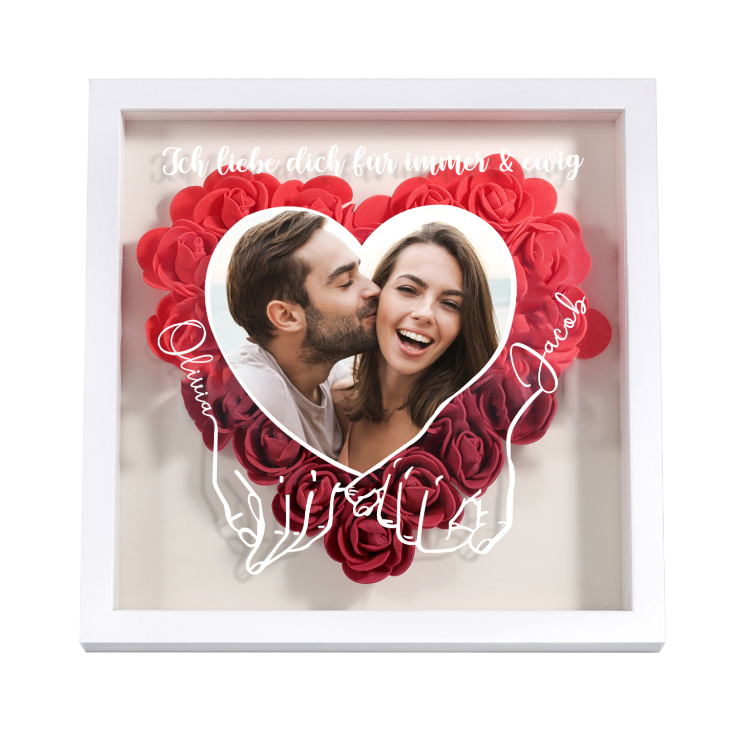 Personalisierbares Foto & 2 Namen & Text Dichtetafelrahmen Deko – Rose Blume Herz Ornament für Paar