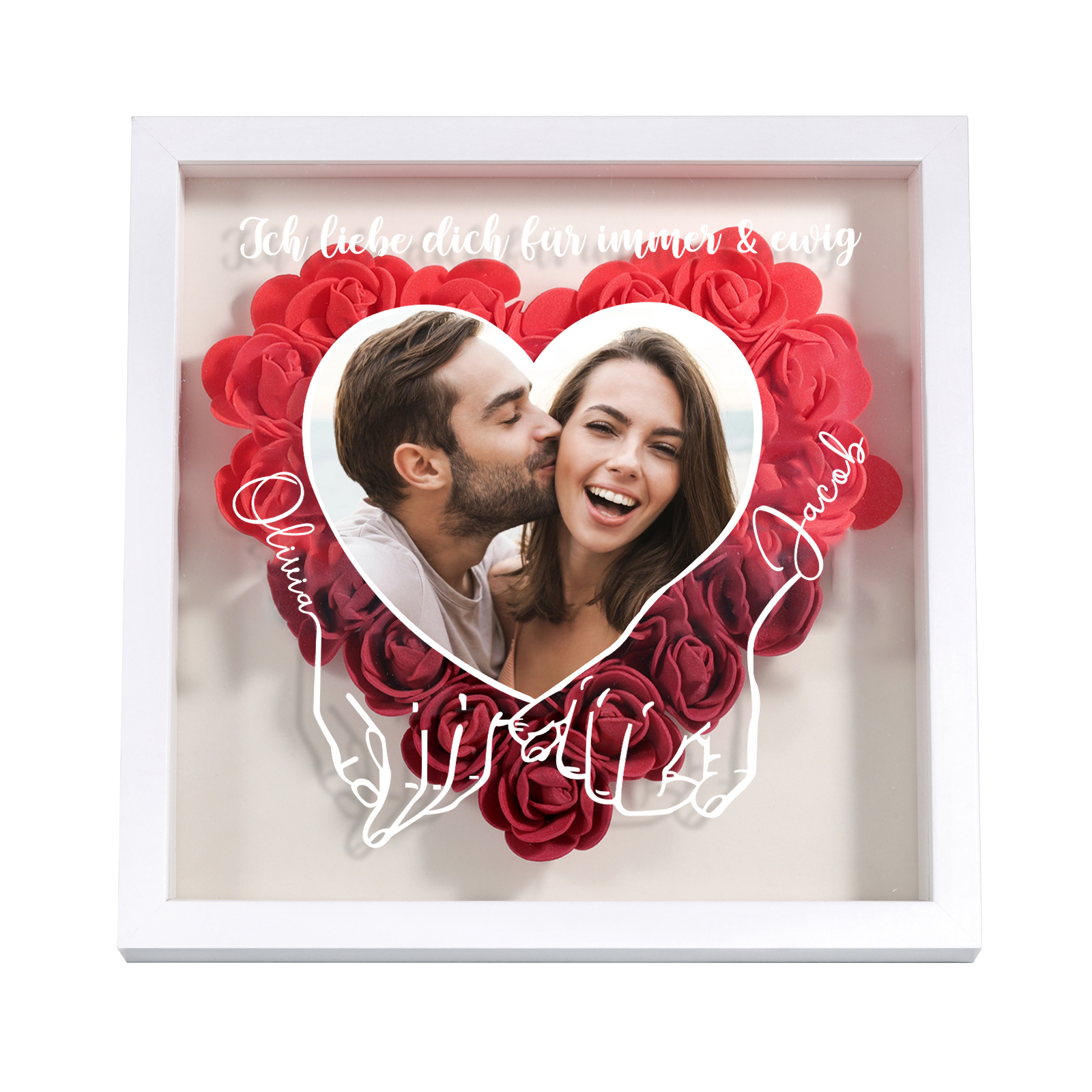 Personalisierbares Foto & 2 Namen & Text Dichtetafelrahmen Deko – Rose Blume Herz Ornament für Paar
