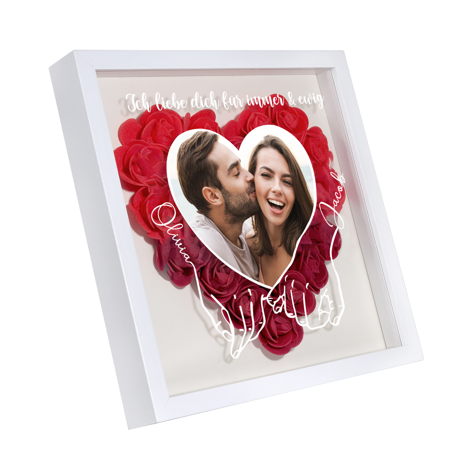 Personalisierbares Foto & 2 Namen & Text Dichtetafelrahmen Deko – Rose Blume Herz Ornament für Paar
