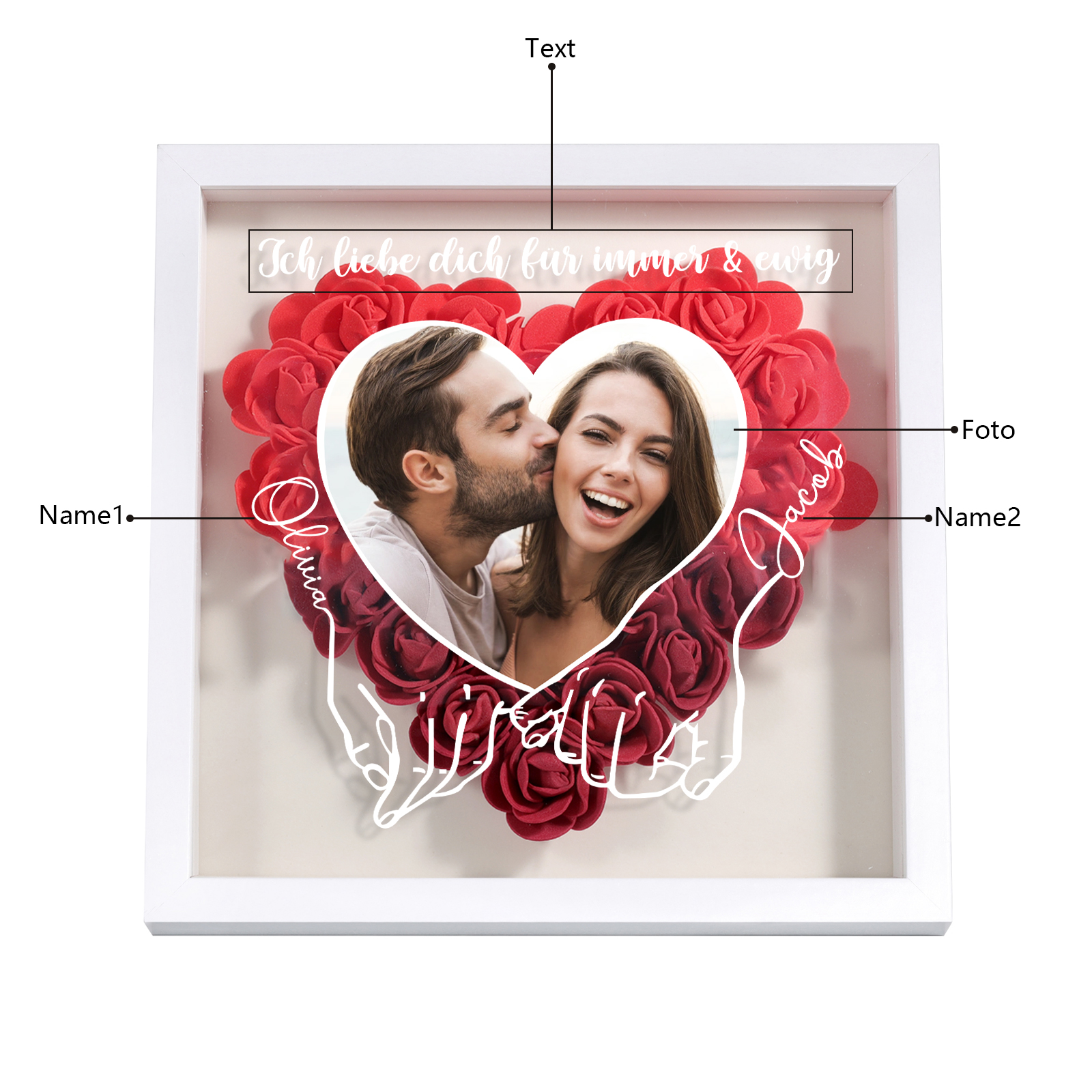 Personalisierbares Foto & 2 Namen & Text Dichtetafelrahmen Deko – Rose Blume Herz Ornament für Paar