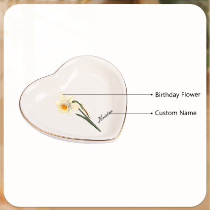 Personalisierter 1 Name & Geburtsblume Keramik Herz/ Quadrat Schmuckschale
