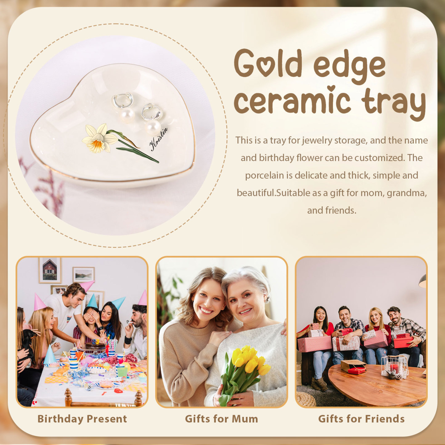 Personalisierter 1 Name & Geburtsblume Keramik Herz/ Quadrat Schmuckschale