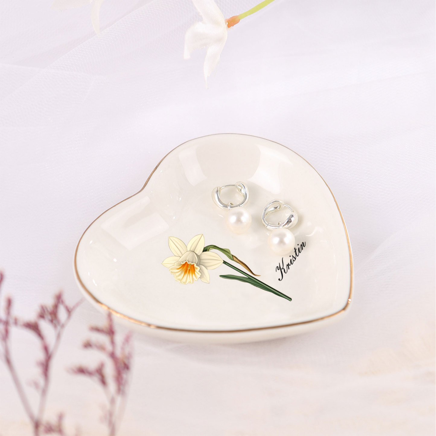 Personalisierter 1 Name & Schmuckschale mit Geburtsblume – Herz- oder