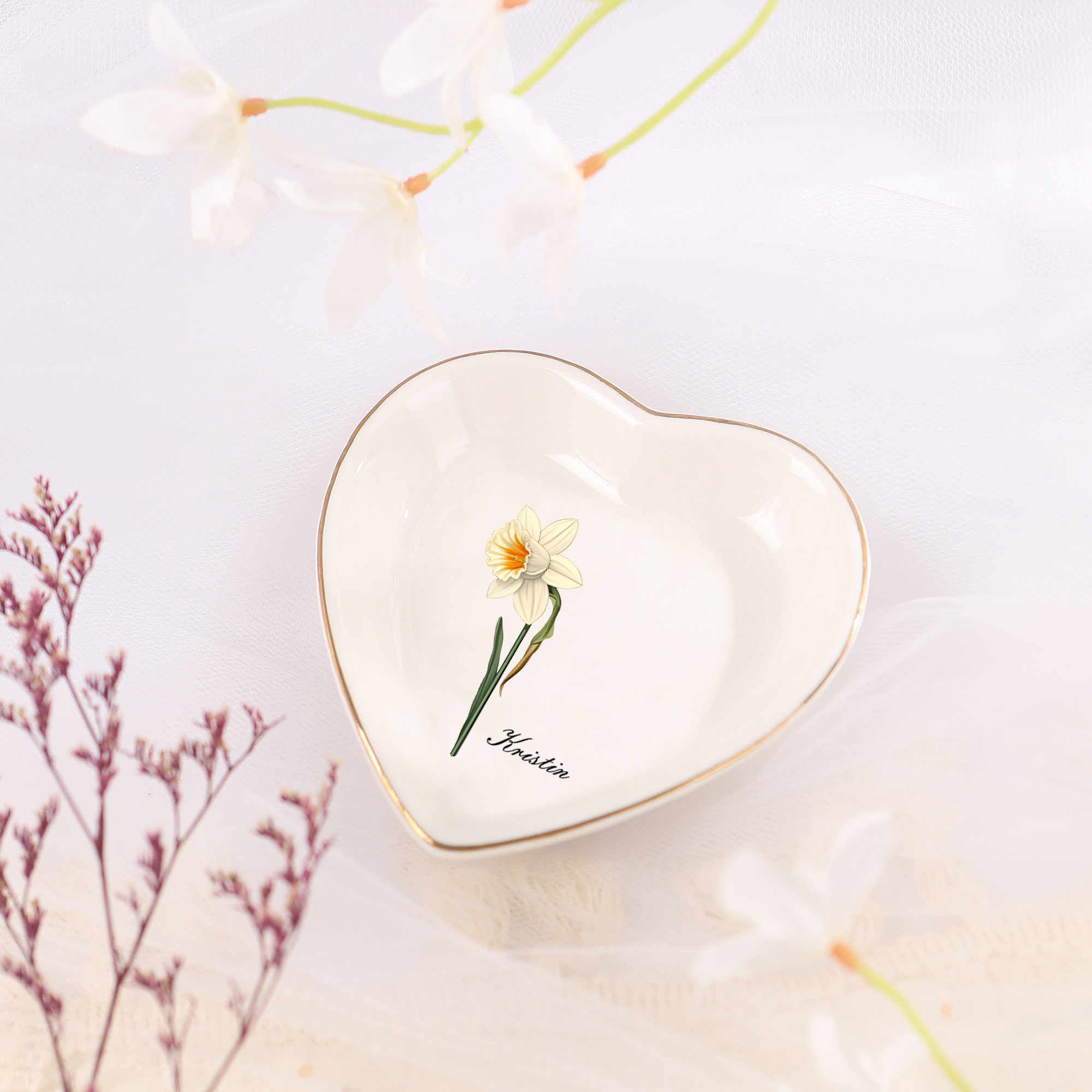 Personalisierter 1 Name & Geburtsblume Keramik Herz/ Quadrat Schmuckschale