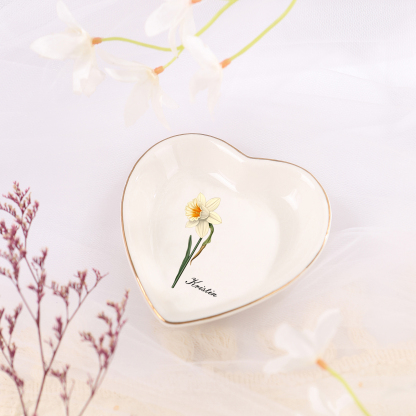 Personalisierter 1 Name & Geburtsblume Keramik Herz/ Quadrat Schmuckschale