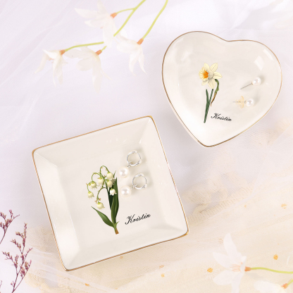 Personalisierter 1 Name & Geburtsblume Keramik Herz/ Quadrat Schmuckschale