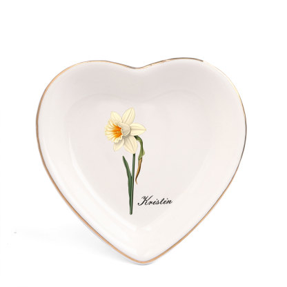 Personalisierter 1 Name & Geburtsblume Keramik Herz/ Quadrat Schmuckschale