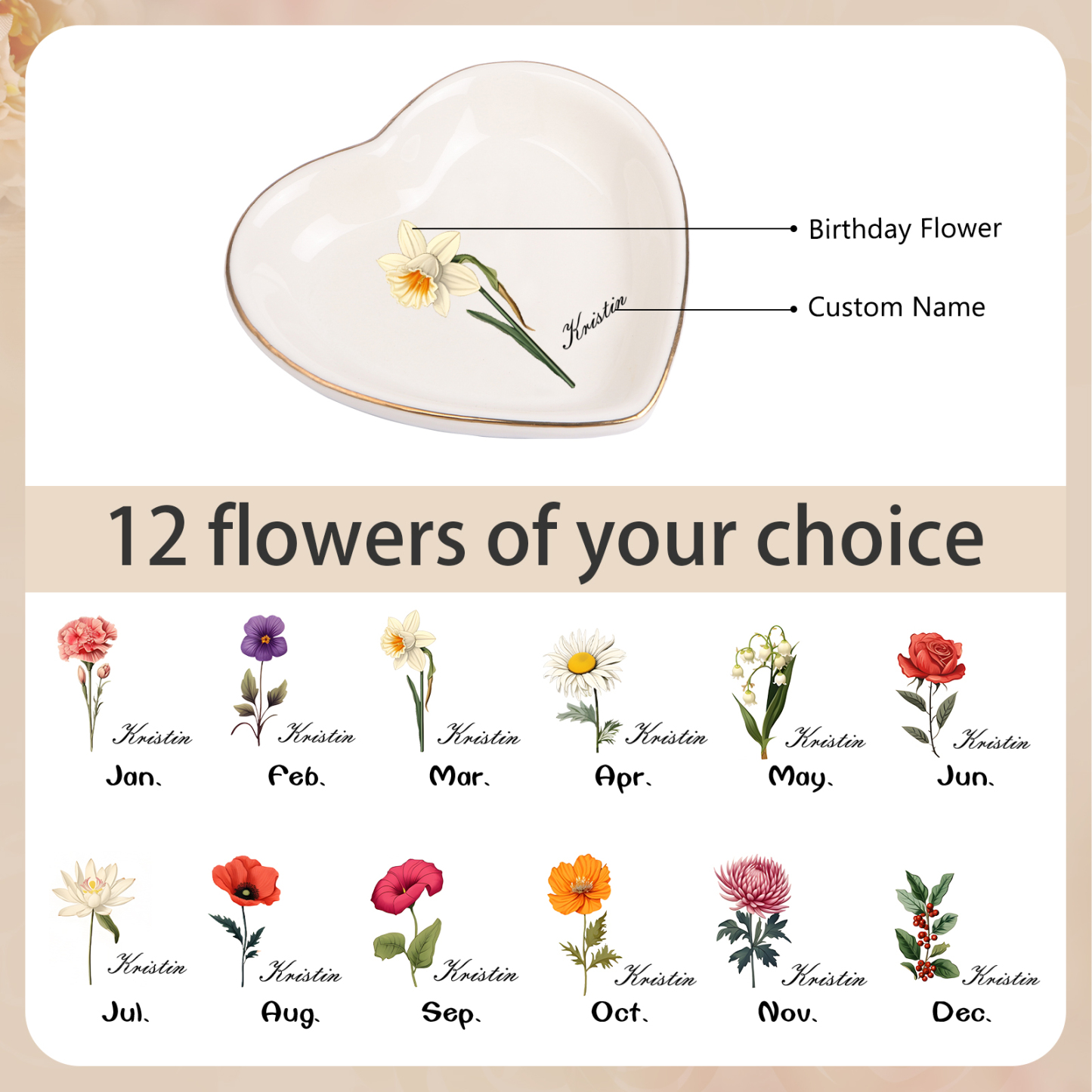 Personalisierter 1 Name & Geburtsblume Keramik Herz/ Quadrat Schmuckschale