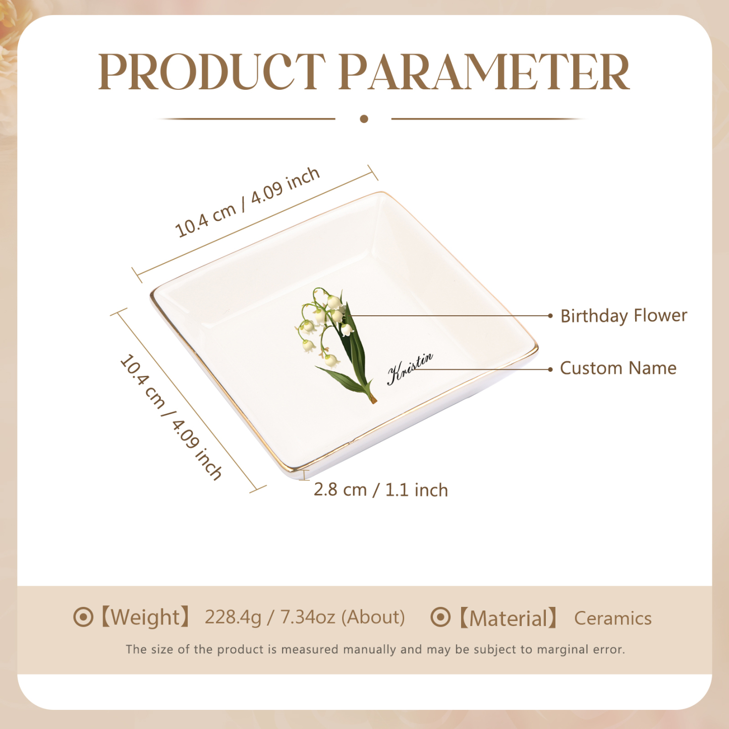 Personalisierter 1 Name & Geburtsblume Keramik Herz/ Quadrat Schmuckschale