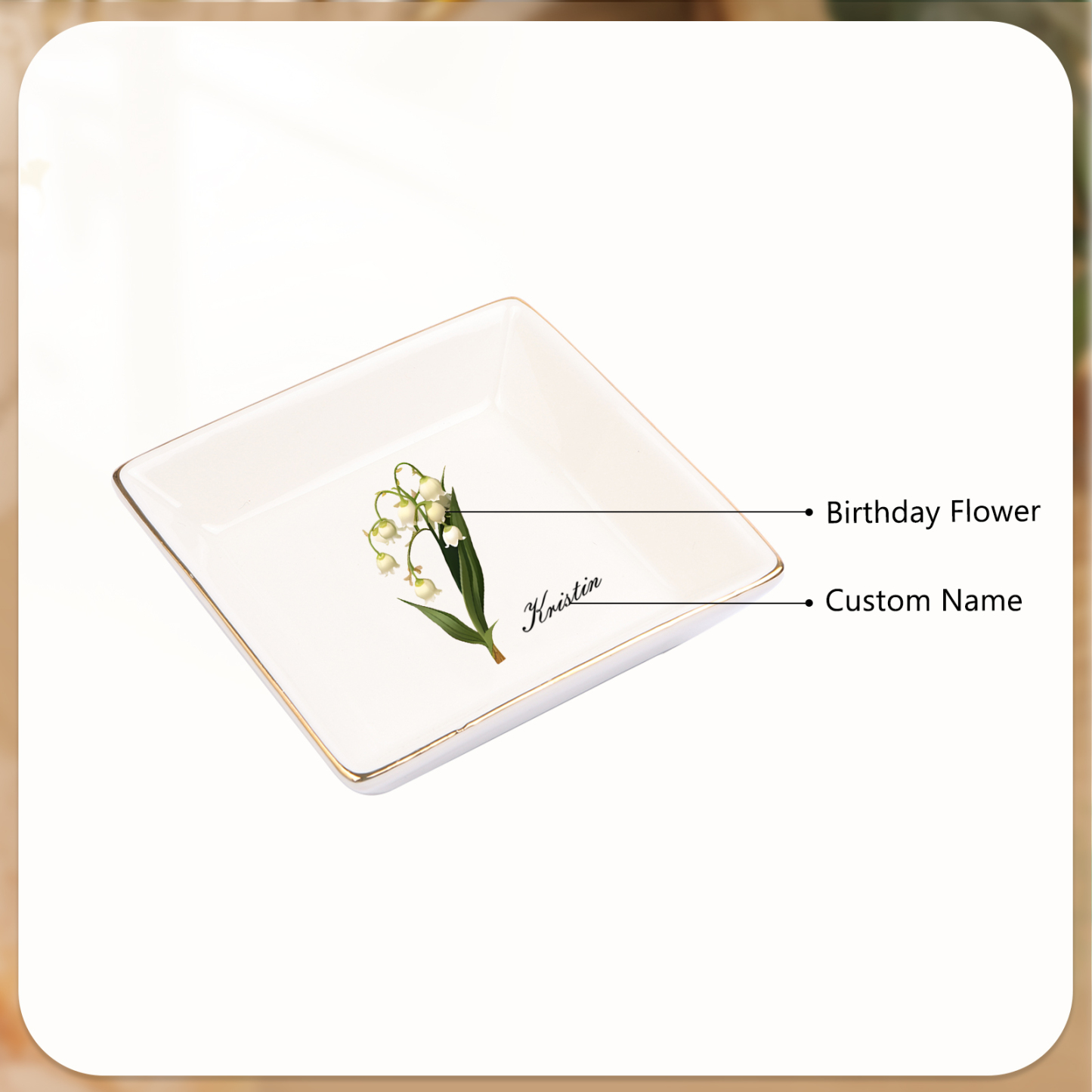 Personalisierter 1 Name & Geburtsblume Keramik Herz/ Quadrat Schmuckschale