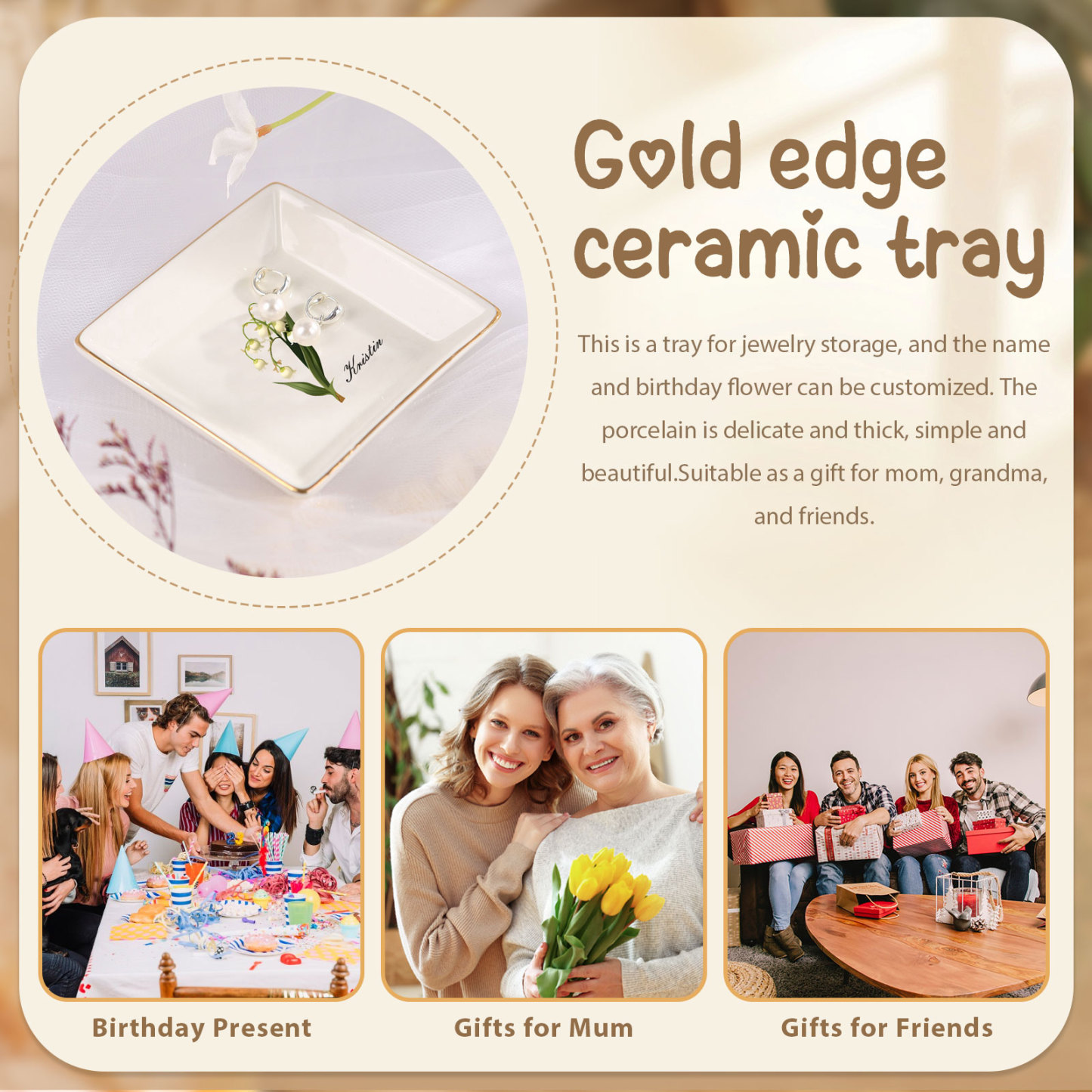 Personalisierter 1 Name & Geburtsblume Keramik Herz/ Quadrat Schmuckschale