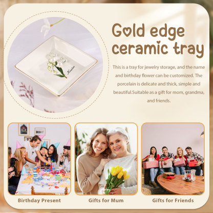 Personalisierter 1 Name & Geburtsblume Keramik Herz/ Quadrat Schmuckschale