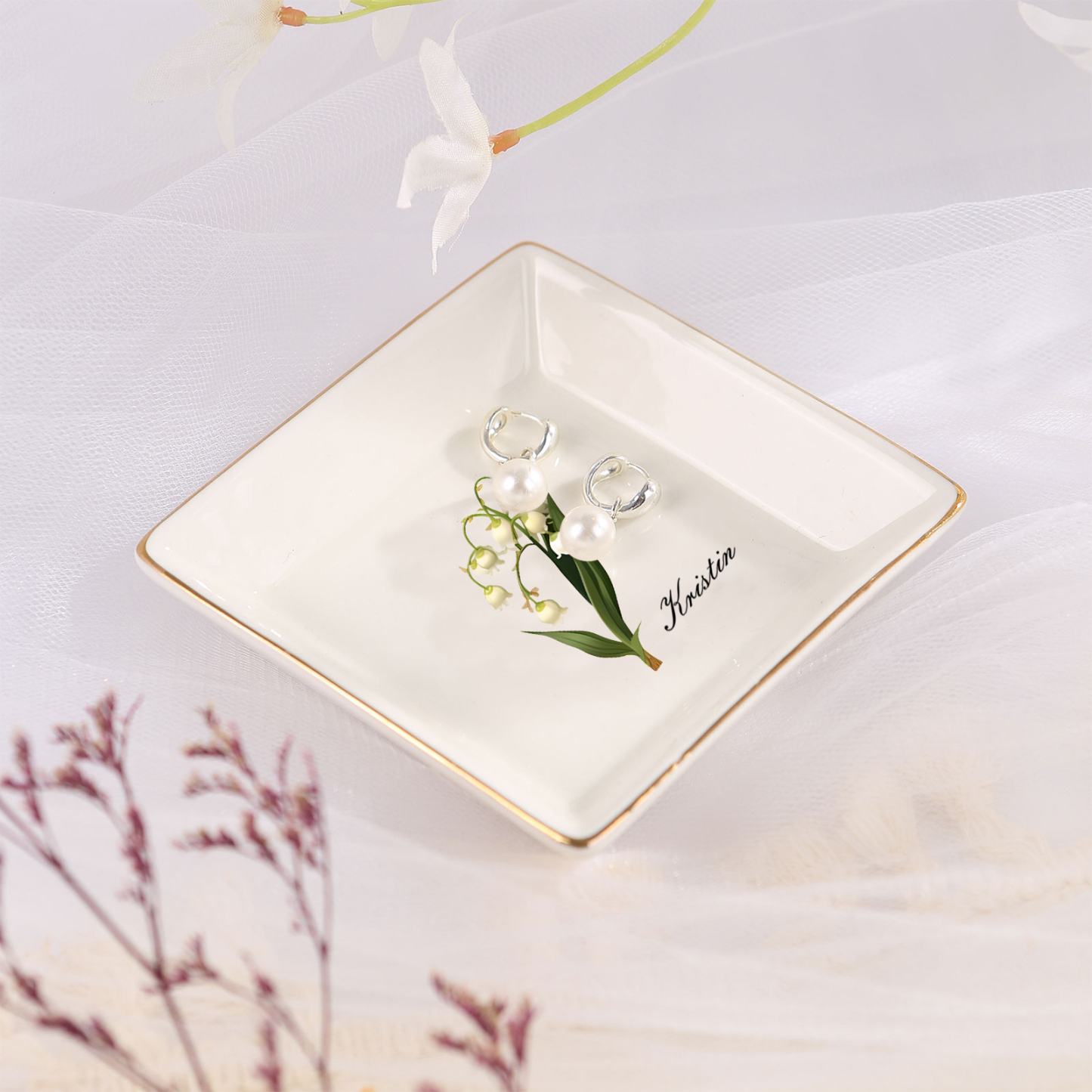 Personalisierter 1 Name & Geburtsblume Keramik Herz/ Quadrat Schmuckschale