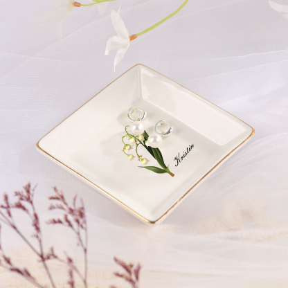 Personalisierter 1 Name & Geburtsblume Keramik Herz/ Quadrat Schmuckschale