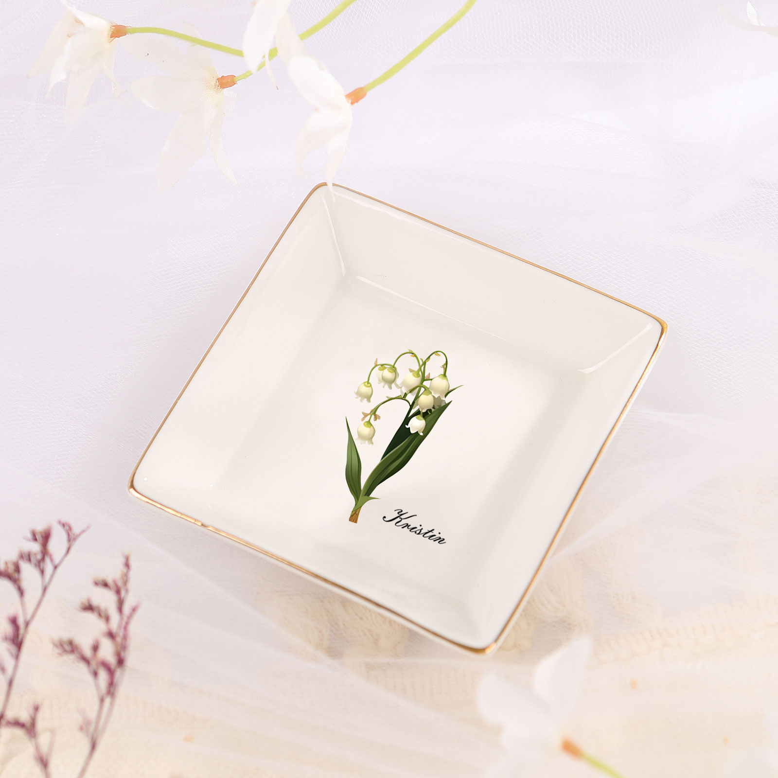 Personalisierter 1 Name & Geburtsblume Keramik Herz/ Quadrat Schmuckschale