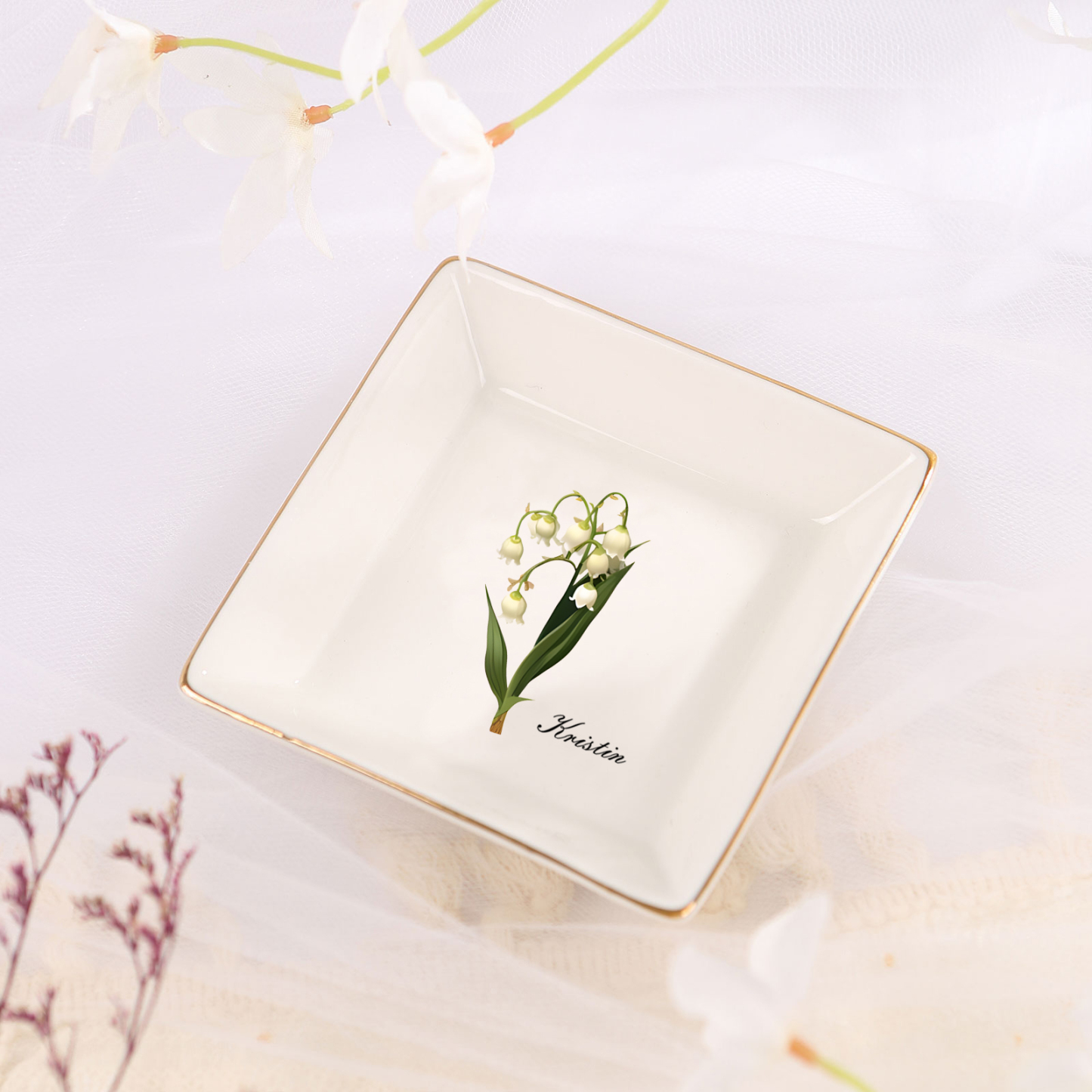 Personalisierter 1 Name & Geburtsblume Keramik Herz/ Quadrat Schmuckschale