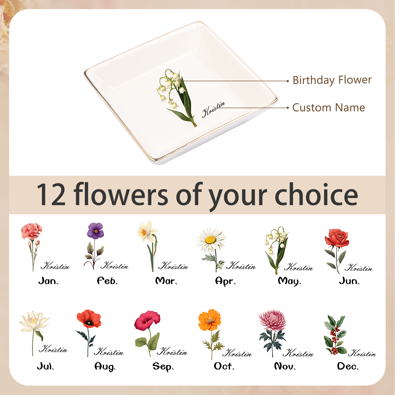 Personalisierter 1 Name & Geburtsblume Keramik Herz/ Quadrat Schmuckschale