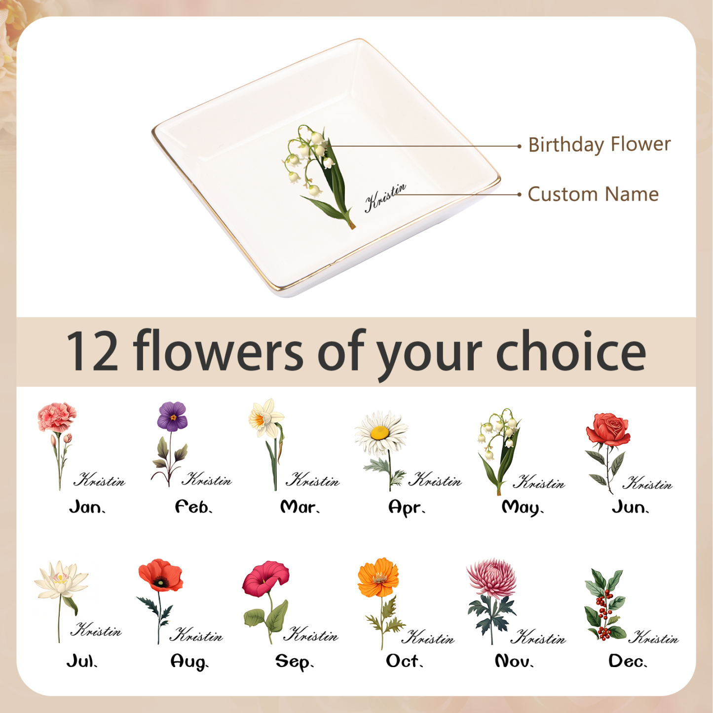 Personalisierter 1 Name & Geburtsblume Keramik Herz/ Quadrat Schmuckschale