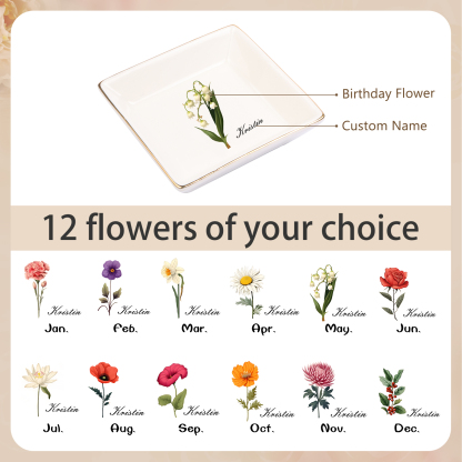 Personalisierter 1 Name & Geburtsblume Keramik Herz/ Quadrat Schmuckschale
