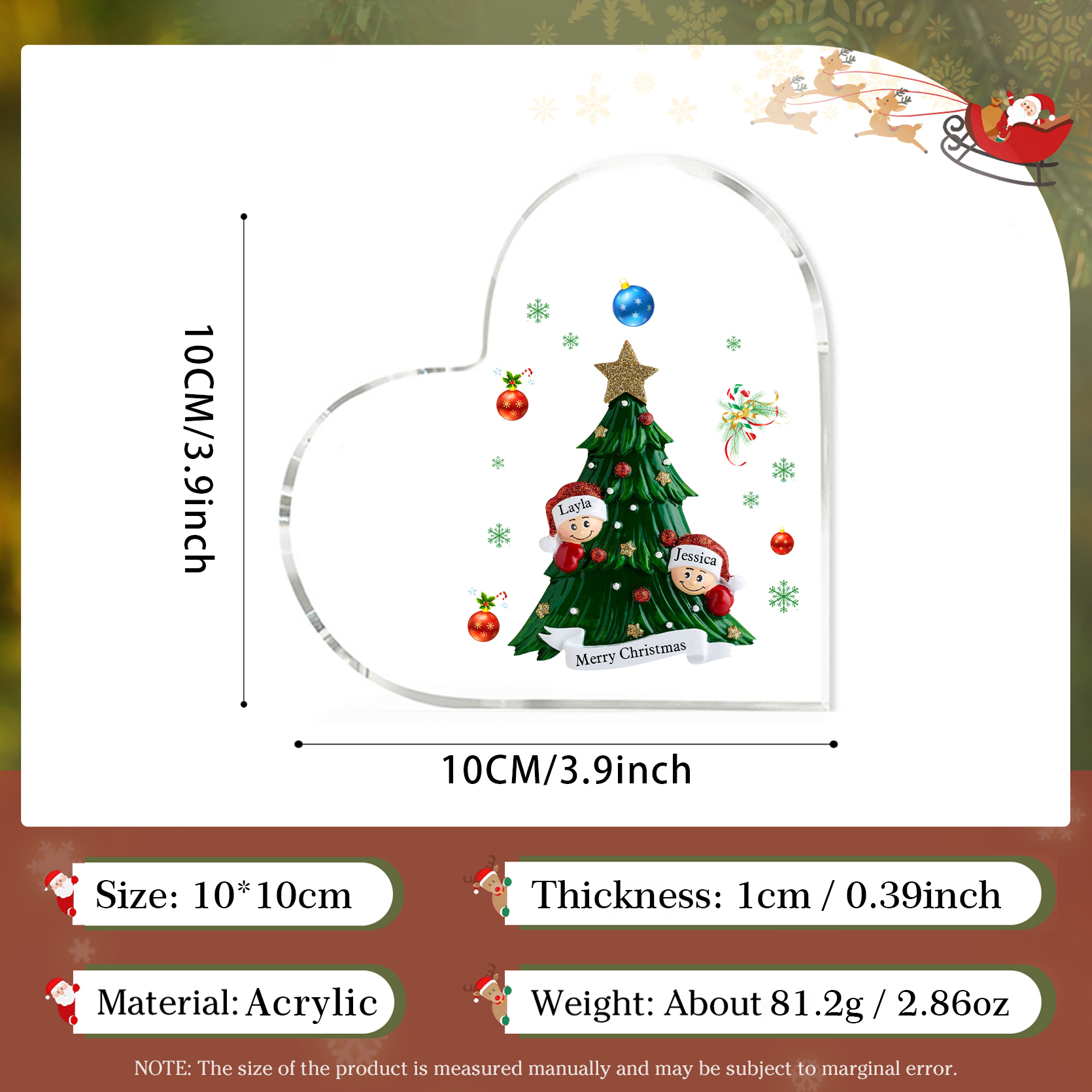 Personalisierte 2-8 Namen & Text Herz-Acryl-Deko – Weihnachtsbaum-Schreibtischdekoration für Familie