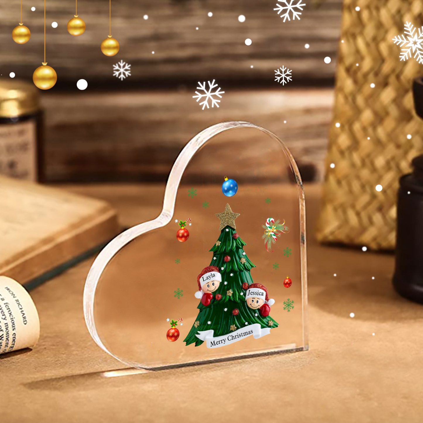 Personalisierte 2-8 Namen & Text Herz-Acryl-Deko – Weihnachtsbaum-Schreibtischdekoration für Familie