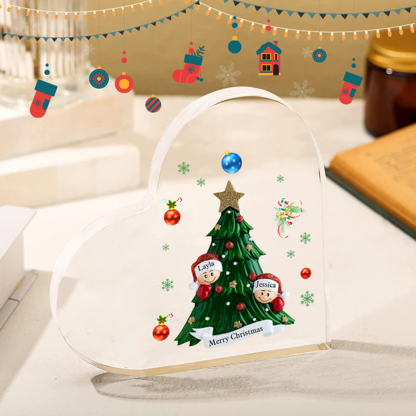 Personalisierte 2-8 Namen & Text Herz-Acryl-Deko – Weihnachtsbaum-Schreibtischdekoration für Familie