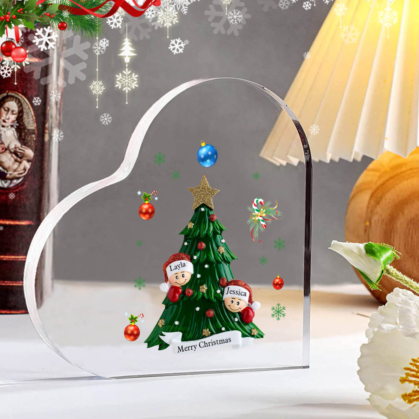 Personalisierte 2-8 Namen & Text Herz-Acryl-Deko – Weihnachtsbaum-Schreibtischdekoration für Familie