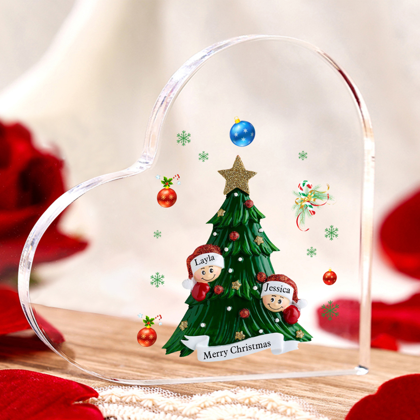 Personalisierte 2-8 Namen & Text Herz-Acryl-Deko – Weihnachtsbaum-Schreibtischdekoration für Familie