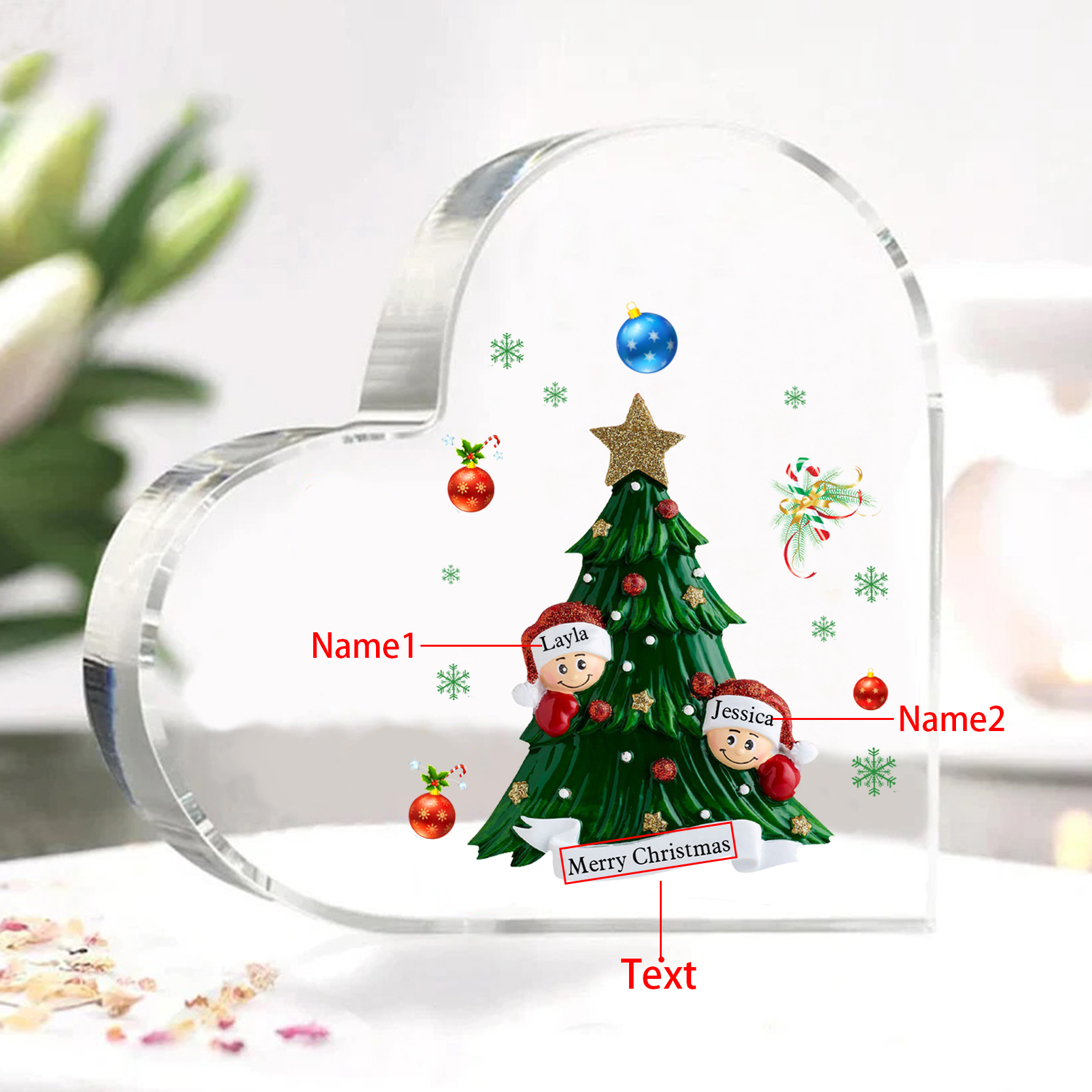 Personalisierte 2-8 Namen & Text Herz-Acryl-Deko – Weihnachtsbaum-Schreibtischdekoration für Familie