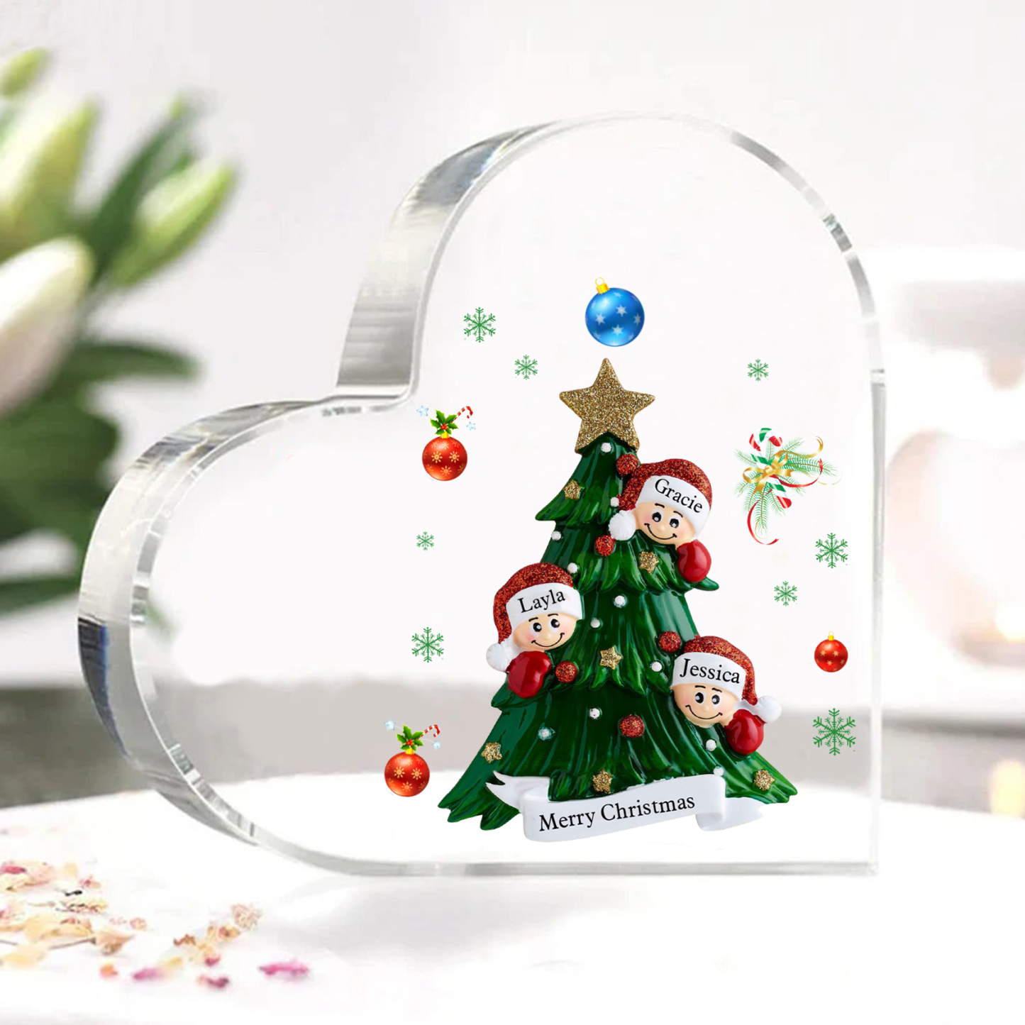Personalisierte 2-8 Namen & Text Herz-Acryl-Deko – Weihnachtsbaum-Schreibtischdekoration für Familie