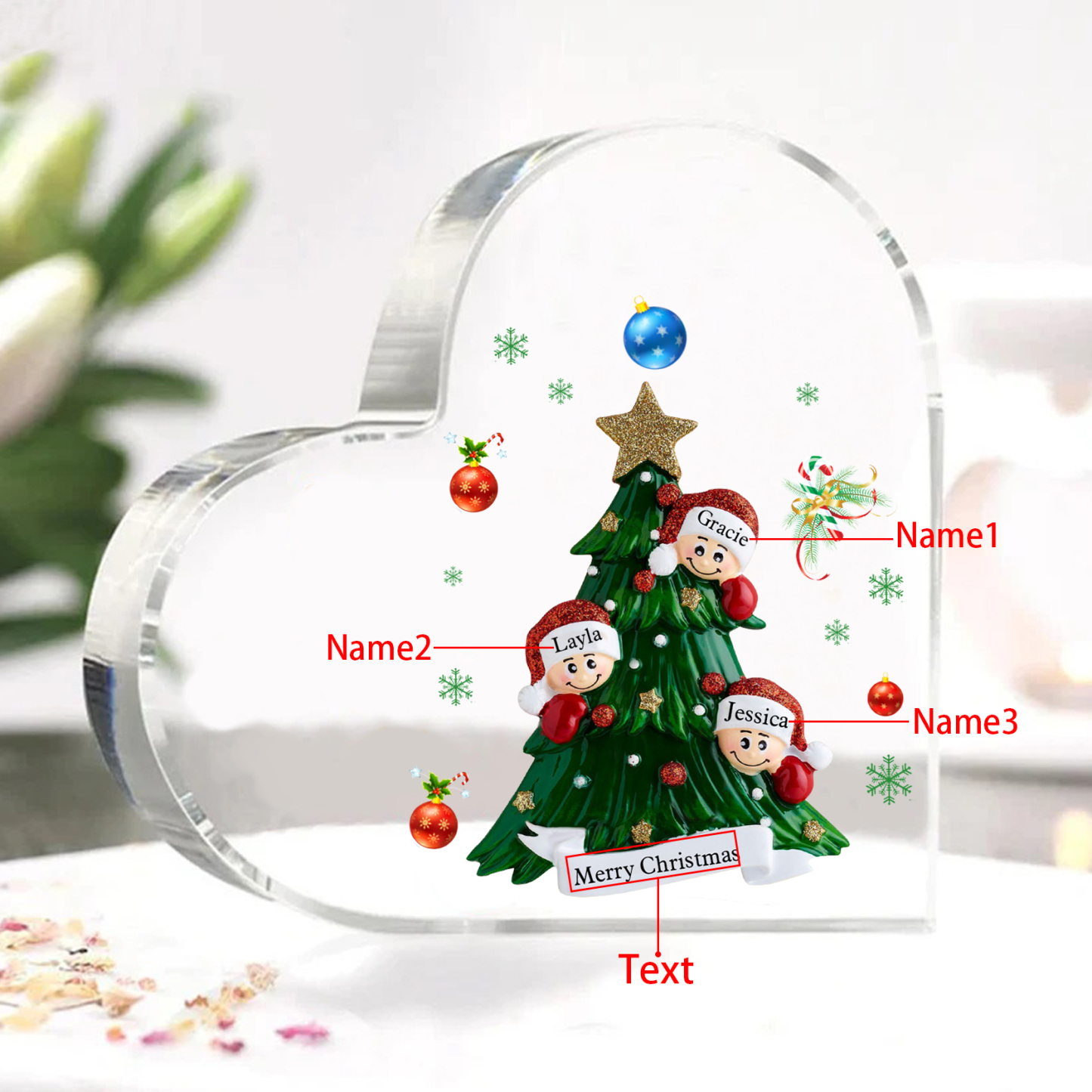 Personalisierte 2-8 Namen & Text Herz-Acryl-Deko – Weihnachtsbaum-Schreibtischdekoration für Familie