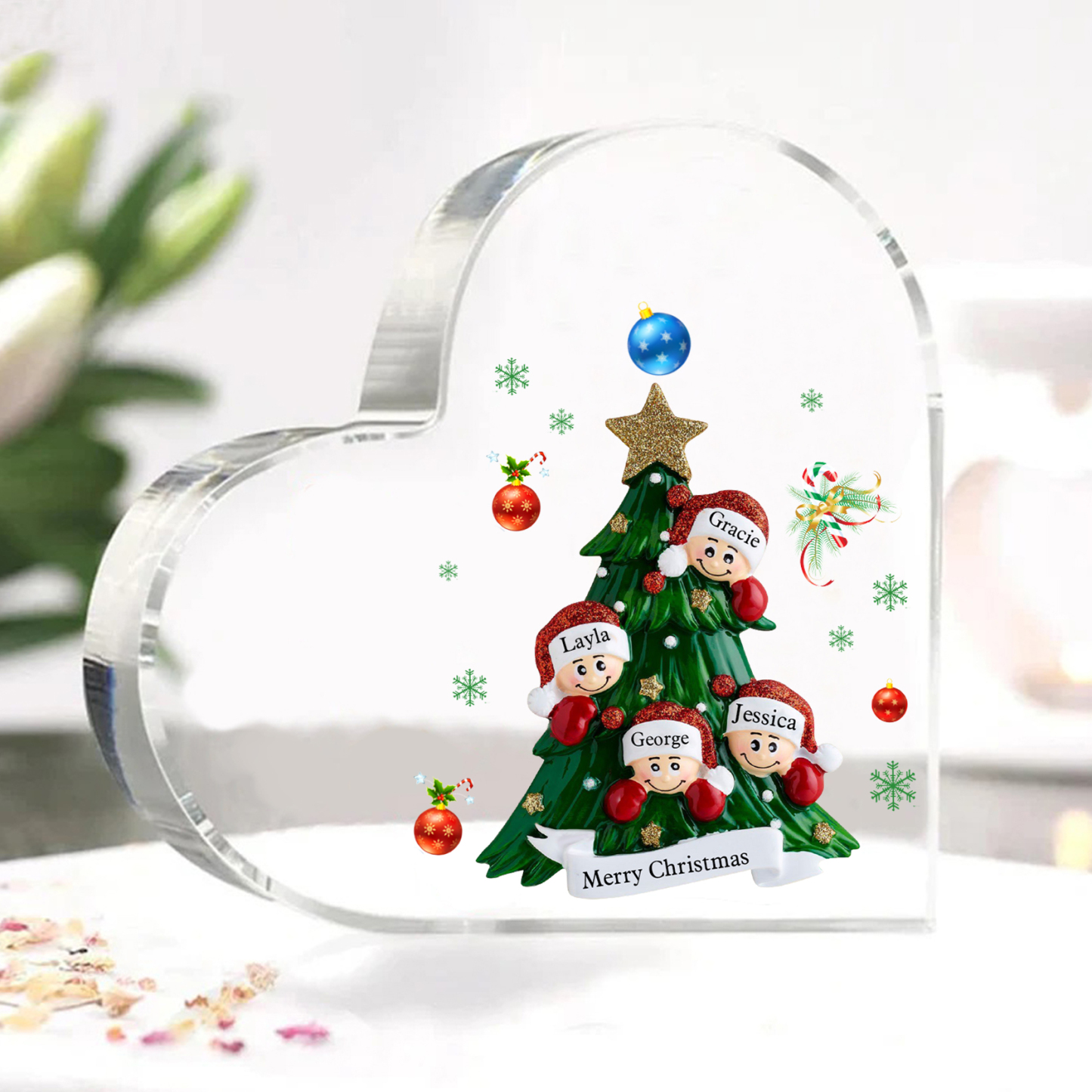 Personalisierte 2-8 Namen & Text Herz-Acryl-Deko – Weihnachtsbaum-Schreibtischdekoration für Familie