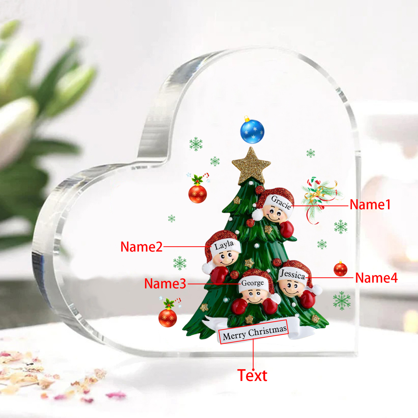 Personalisierte 2-8 Namen & Text Herz-Acryl-Deko – Weihnachtsbaum-Schreibtischdekoration für Familie