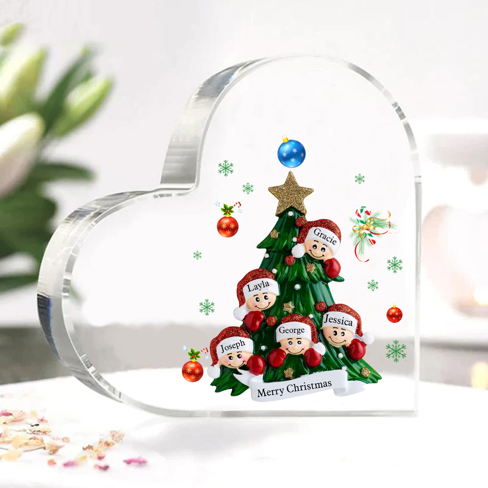 Personalisierte 2-8 Namen & Text Herz-Acryl-Deko – Weihnachtsbaum-Schreibtischdekoration für Familie
