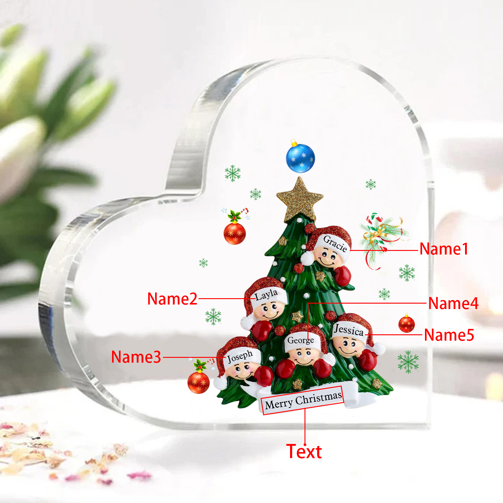 Personalisierte 2-8 Namen & Text Herz-Acryl-Deko – Weihnachtsbaum-Schreibtischdekoration für Familie