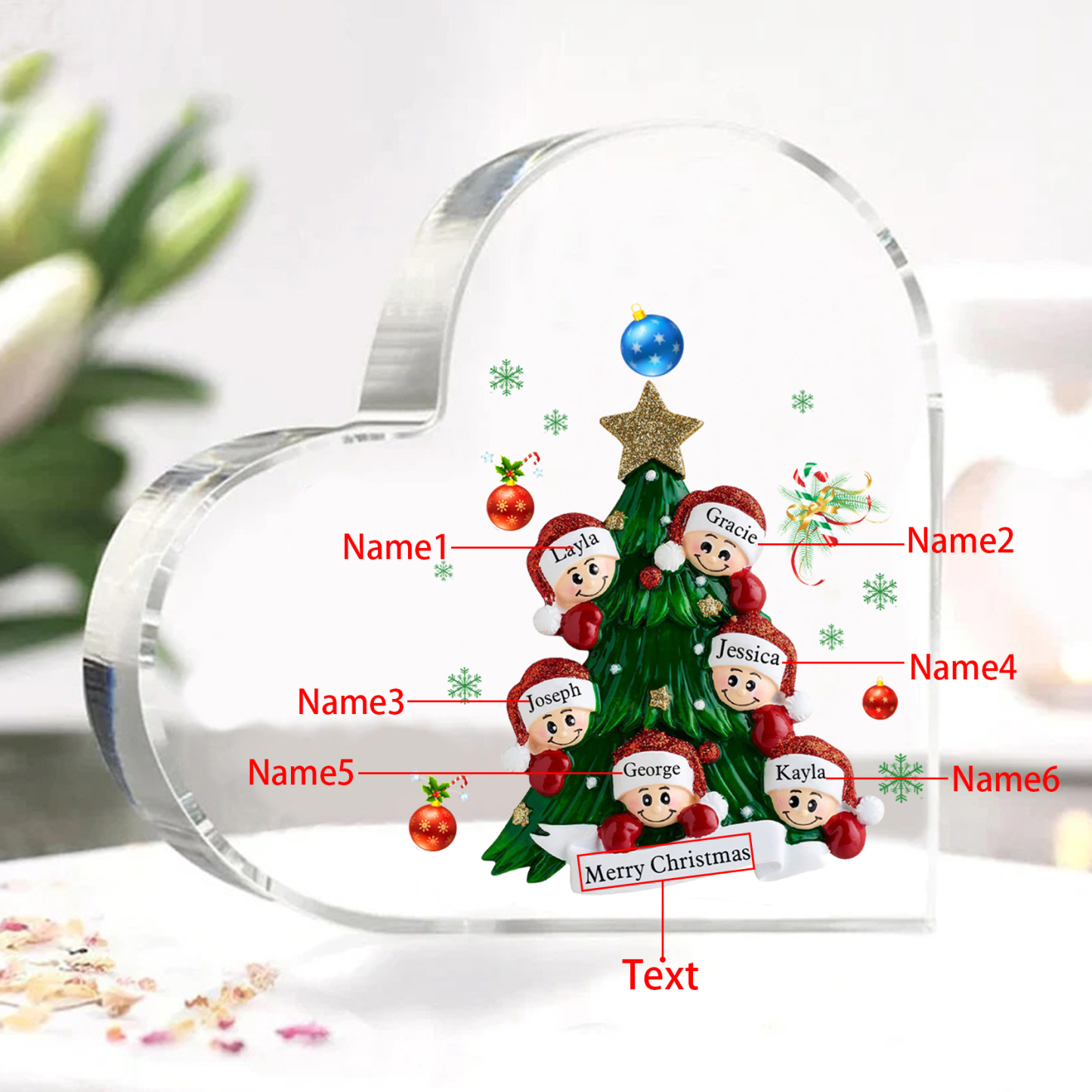 Personalisierte 2-8 Namen & Text Herz-Acryl-Deko – Weihnachtsbaum-Schreibtischdekoration für Familie