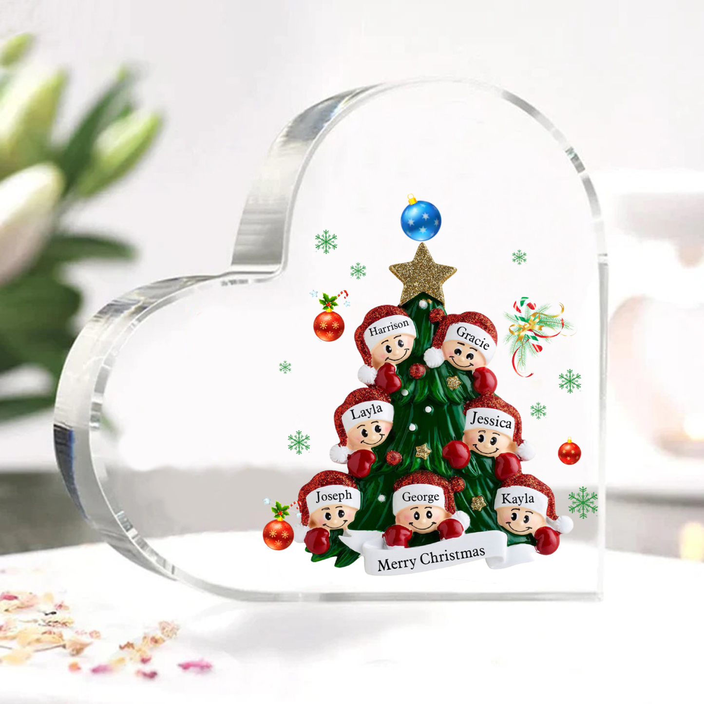 Personalisierte 2-8 Namen & Text Herz-Acryl-Deko – Weihnachtsbaum-Schreibtischdekoration für Familie
