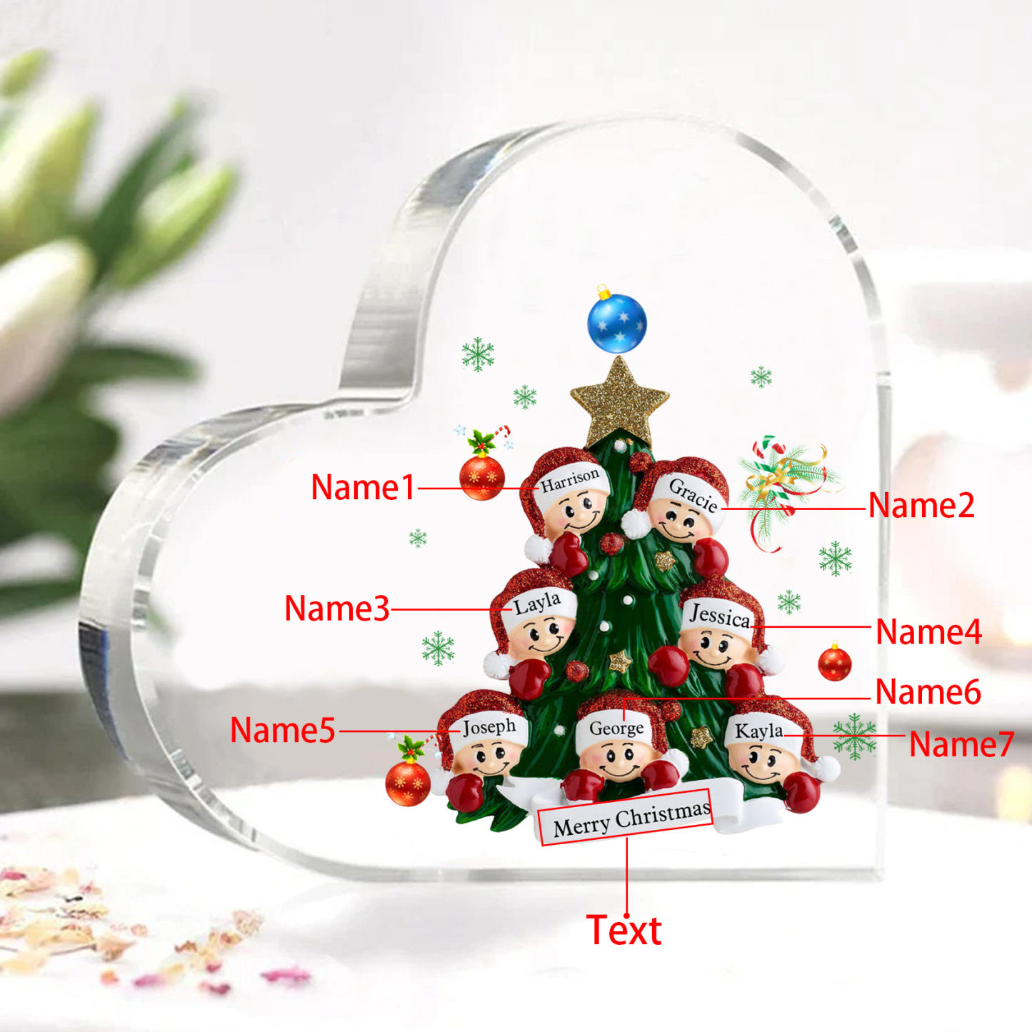 Personalisierte 2-8 Namen & Text Herz-Acryl-Deko – Weihnachtsbaum-Schreibtischdekoration für Familie