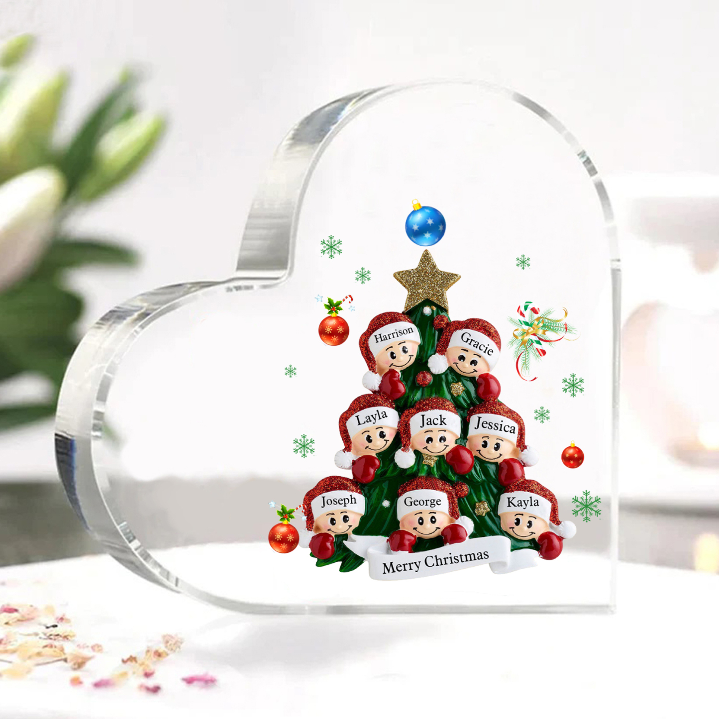 Personalisierte 2-8 Namen & Text Herz-Acryl-Deko – Weihnachtsbaum-Schreibtischdekoration für Familie