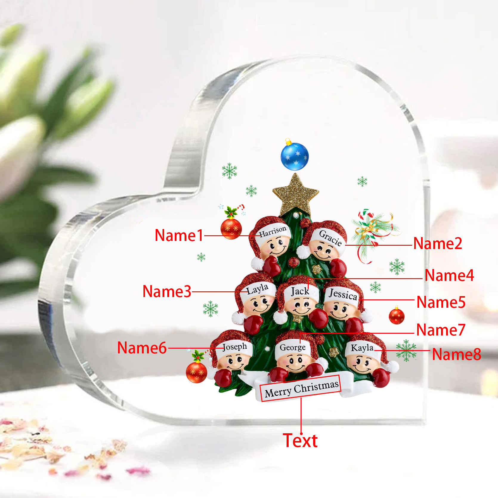Personalisierte 2-8 Namen & Text Herz-Acryl-Deko – Weihnachtsbaum-Schreibtischdekoration für Familie