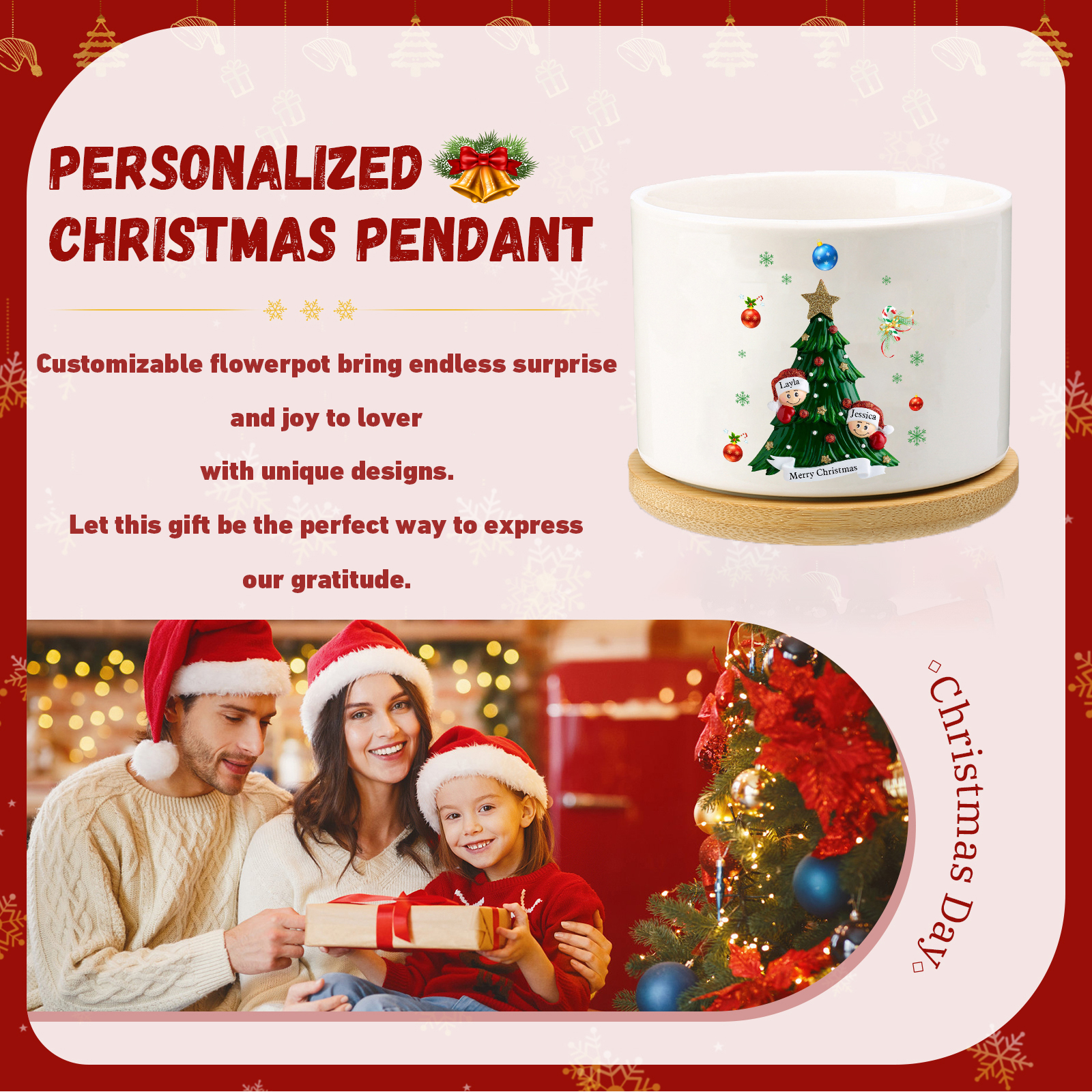 Personalisierbare 2-8 Namen & Text Weihnachts-Blumentopf – Festliche Keramikdekoration für Familie