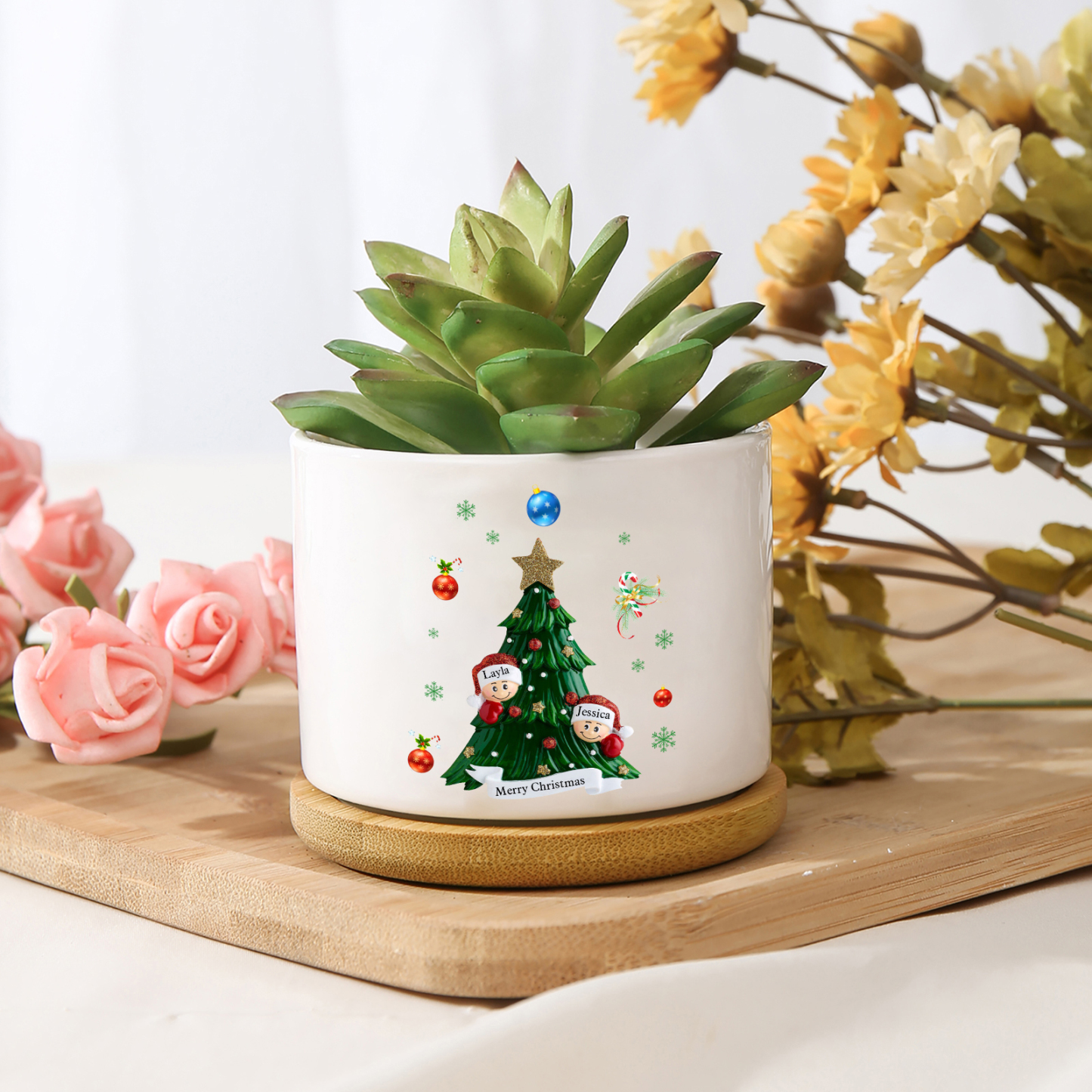 Personalisierbare 2-8 Namen & Text Weihnachts-Blumentopf – Festliche Keramikdekoration für Familie