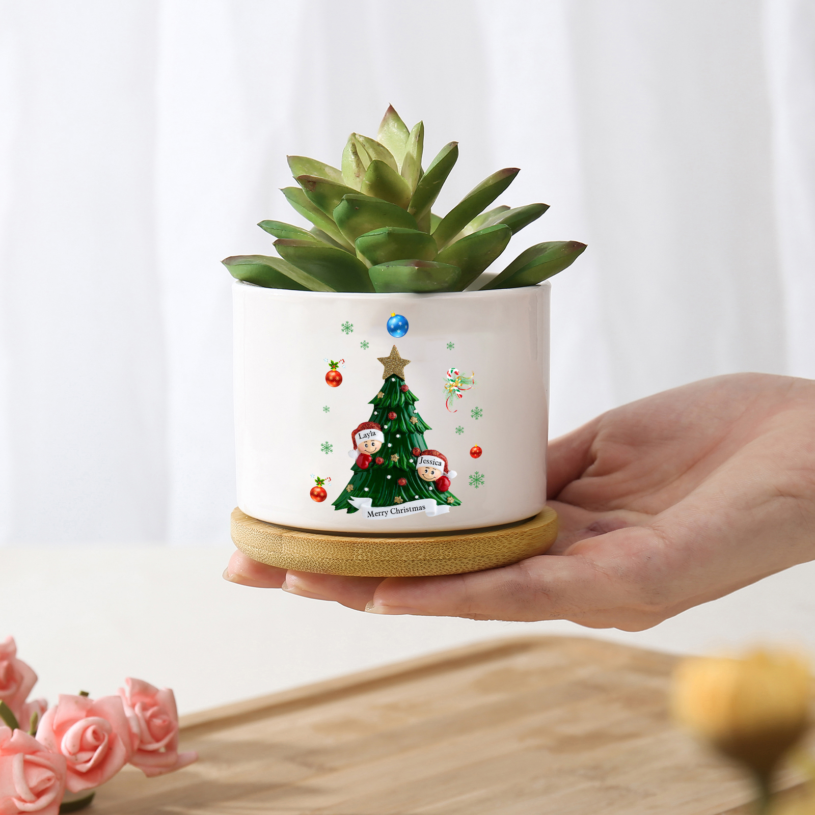 Personalisierbare 2-8 Namen & Text Weihnachts-Blumentopf – Festliche Keramikdekoration für Familie